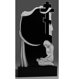 Резной памятник из гранита с плащаницей, крестом, скорбящей женщиной
